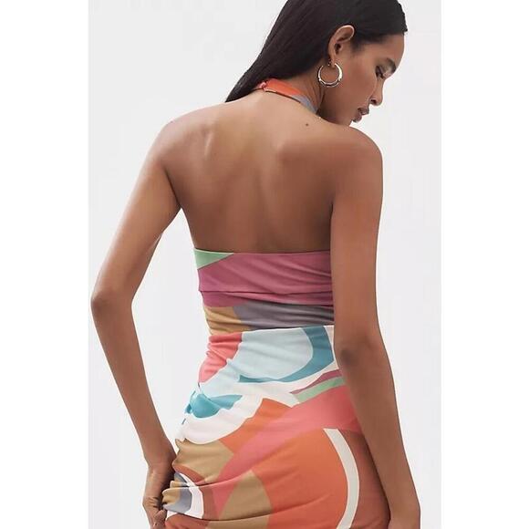 Anthropologie Square Neck Halter Midi Bodycon Dress Sleeveless Size L Pink - Picture 5 of 5